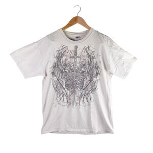 Miami Ink Y2K Mens Graphic T-Shirt Off White Sword Wings Skeleton Large Gildan